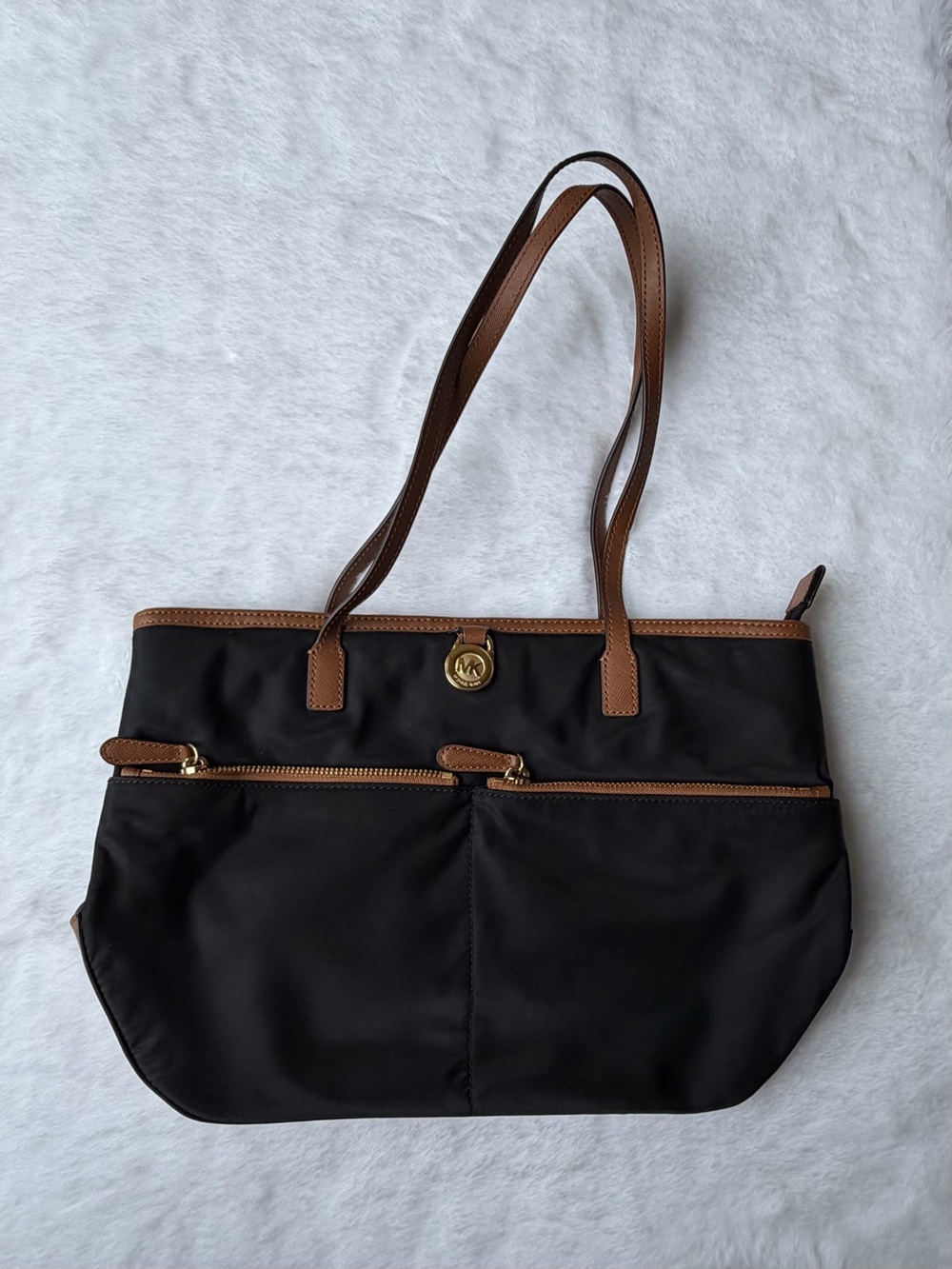 Michael Kors Black Kempton Medium Tote Bag Nylon Leather Trim Gold Logo